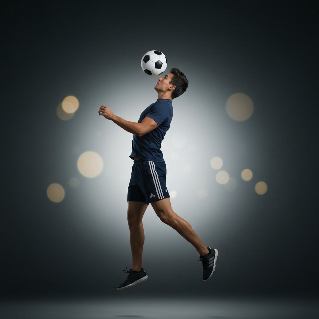 Side view of a person in athletic clothing jumping and hitting a soccer ball with their head. Soft bokeh in the background creates a sense of motion.
