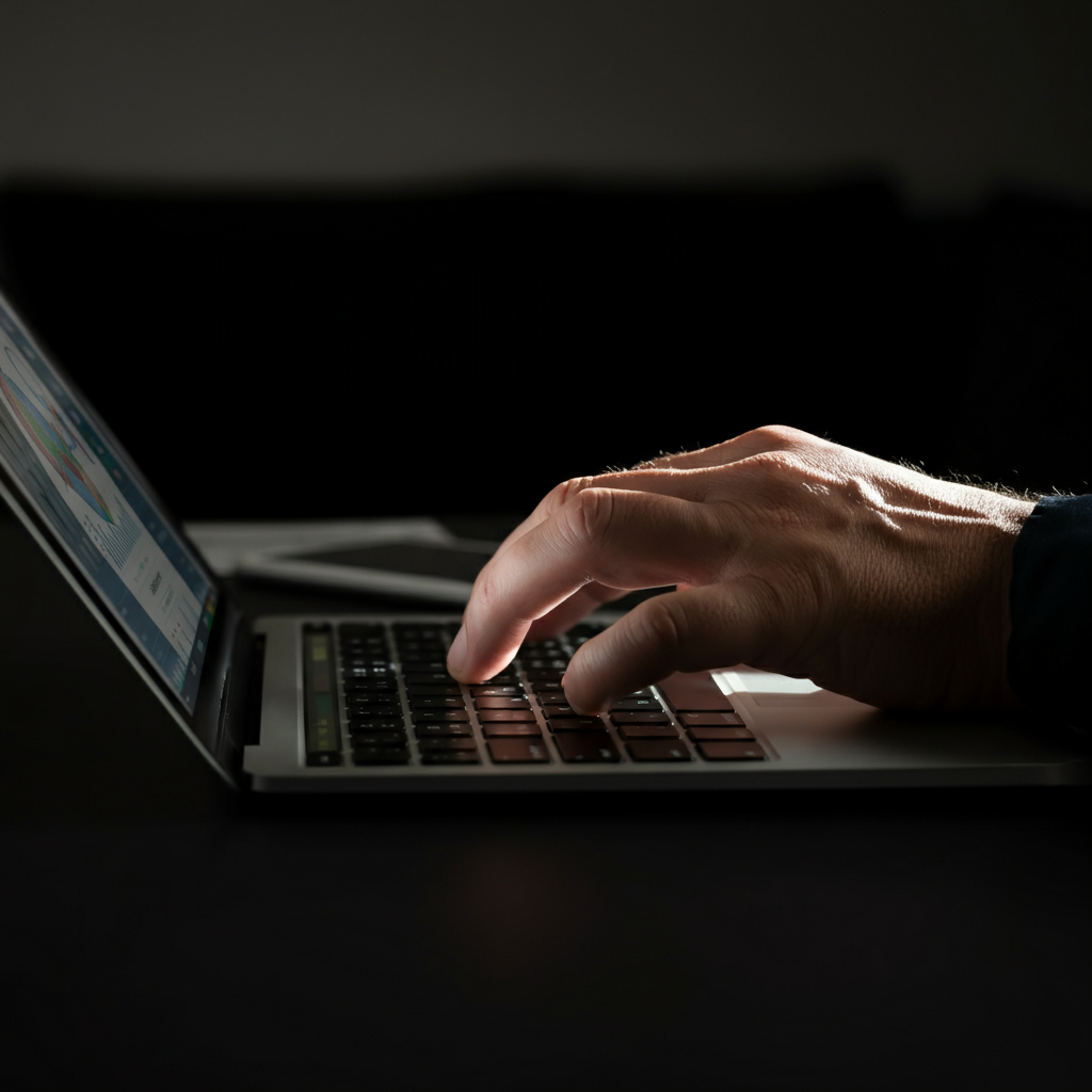 Close-up of a hand typing on a laptop keyboard. The background is blurred, suggesting a focus on the digital activity. The light from the screen illuminates the hand, creating a sense of focus and determination.