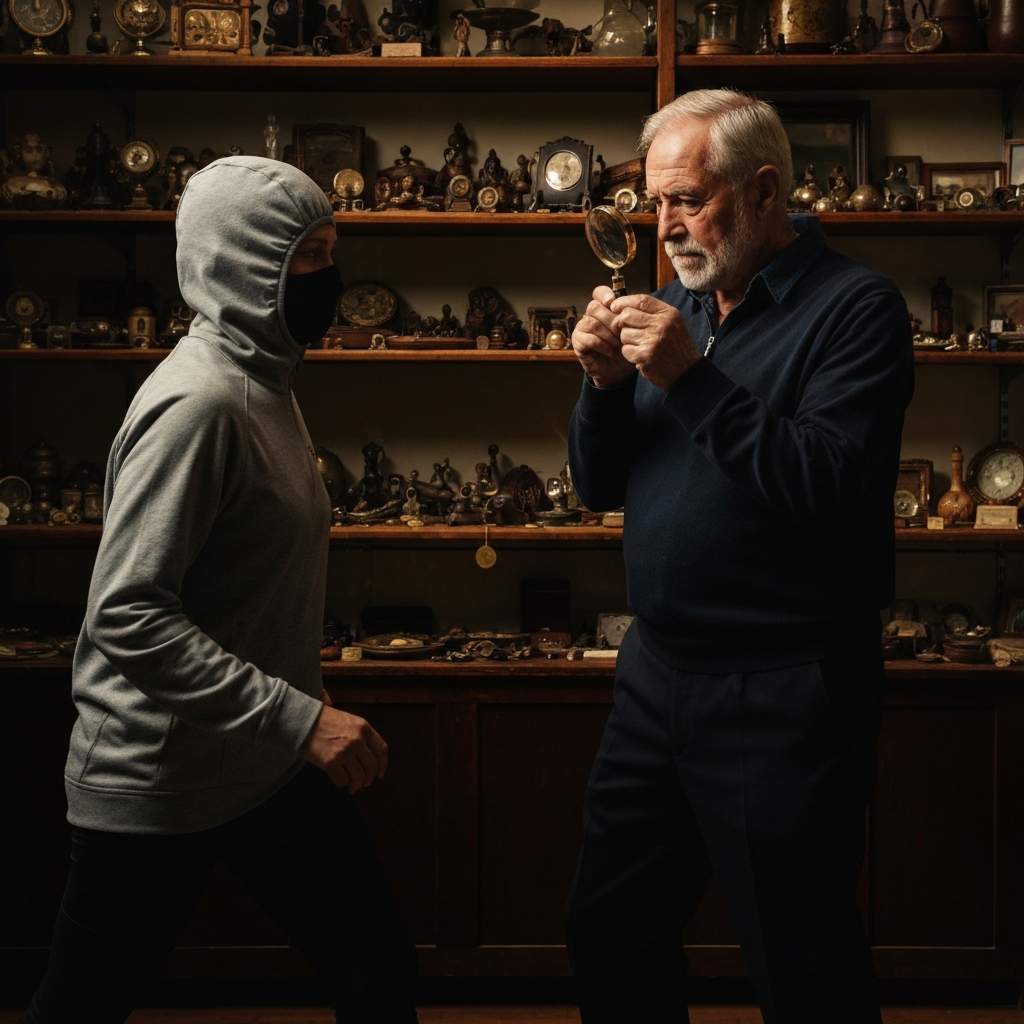 A dimly lit pawn shop interior. An older gentleman with a magnifying glass is examining a gold coin held in his hand. The shelves behind him are filled with an assortment of valuable objects, creating a sense of history and trade.
