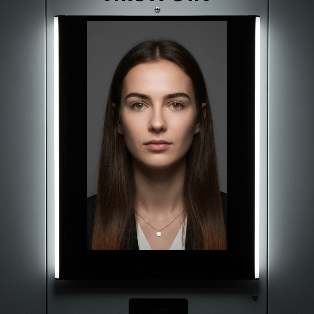 A passport photo booth. A young person is sitting in the booth, looking directly at the camera with a neutral expression. The lighting is even and professional, highlighting the details of their face.