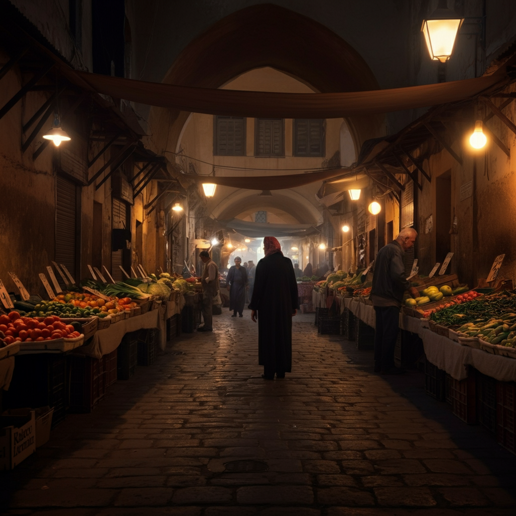 A bustling marketplace in a foreign city. Vendors are selling fresh produce and handicrafts. The scene is filled with vibrant colors, exotic smells, and the sounds of people haggling and socializing.