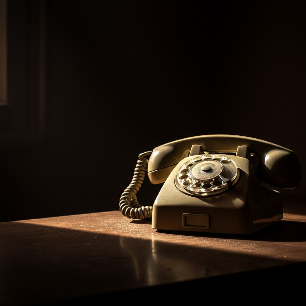 An old-fashioned rotary phone sitting on a dusty table. The phone is disconnected, symbolizing a severed connection to the past. Soft, melancholic light illuminates the scene.