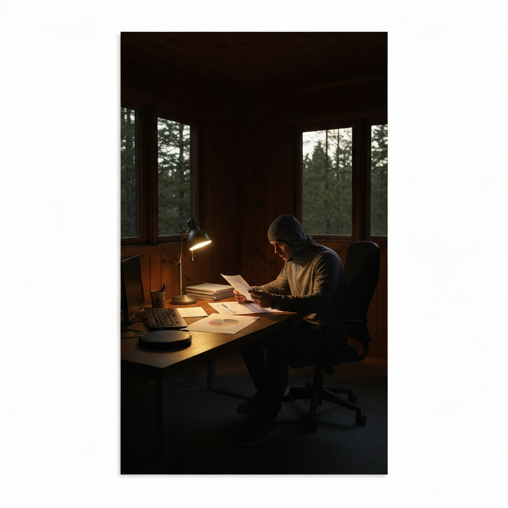 A secluded cabin in the woods. A person is sitting at a desk, meticulously reviewing documents and charts. The lighting is dim, creating a sense of secrecy and preparedness.