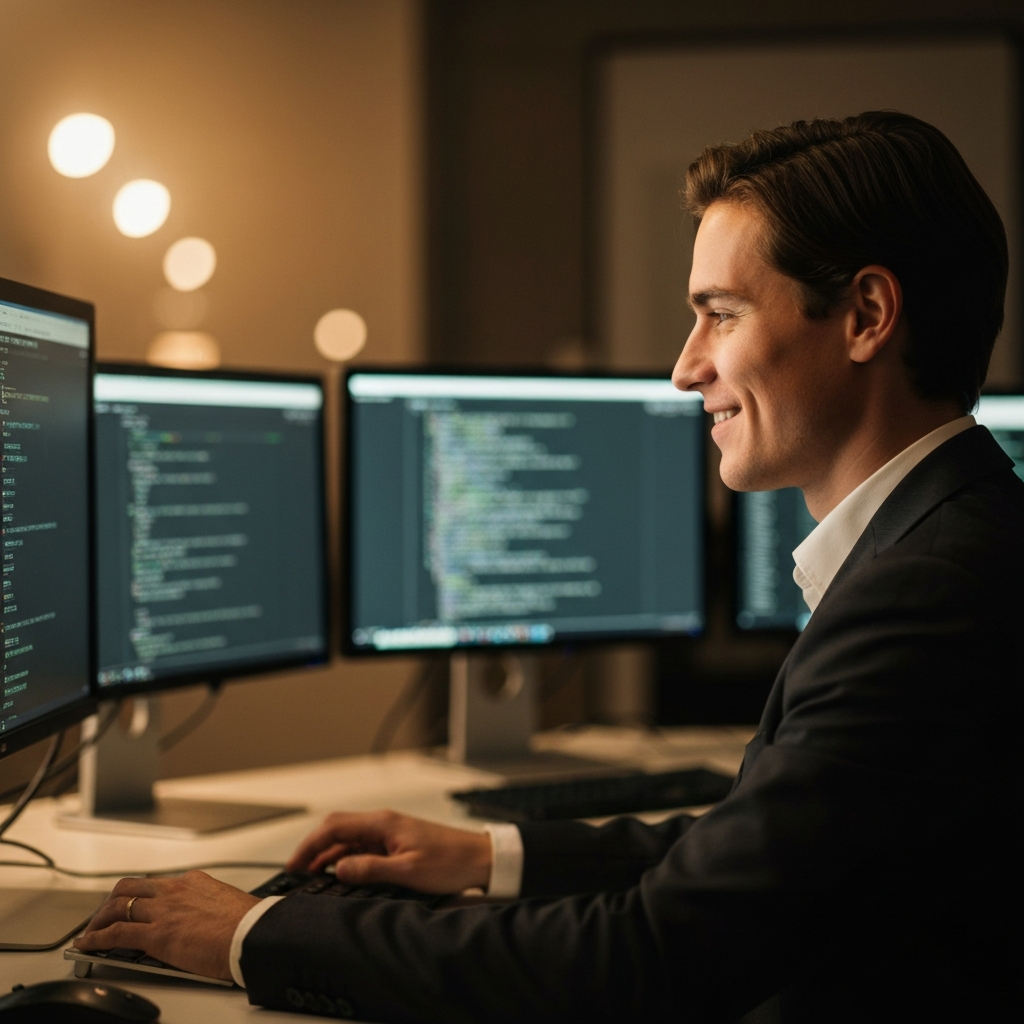 A warmly lit office, focusing on a person smiling slightly while typing at a computer, surrounded by multiple monitors displaying lines of code. Soft bokeh in the background.