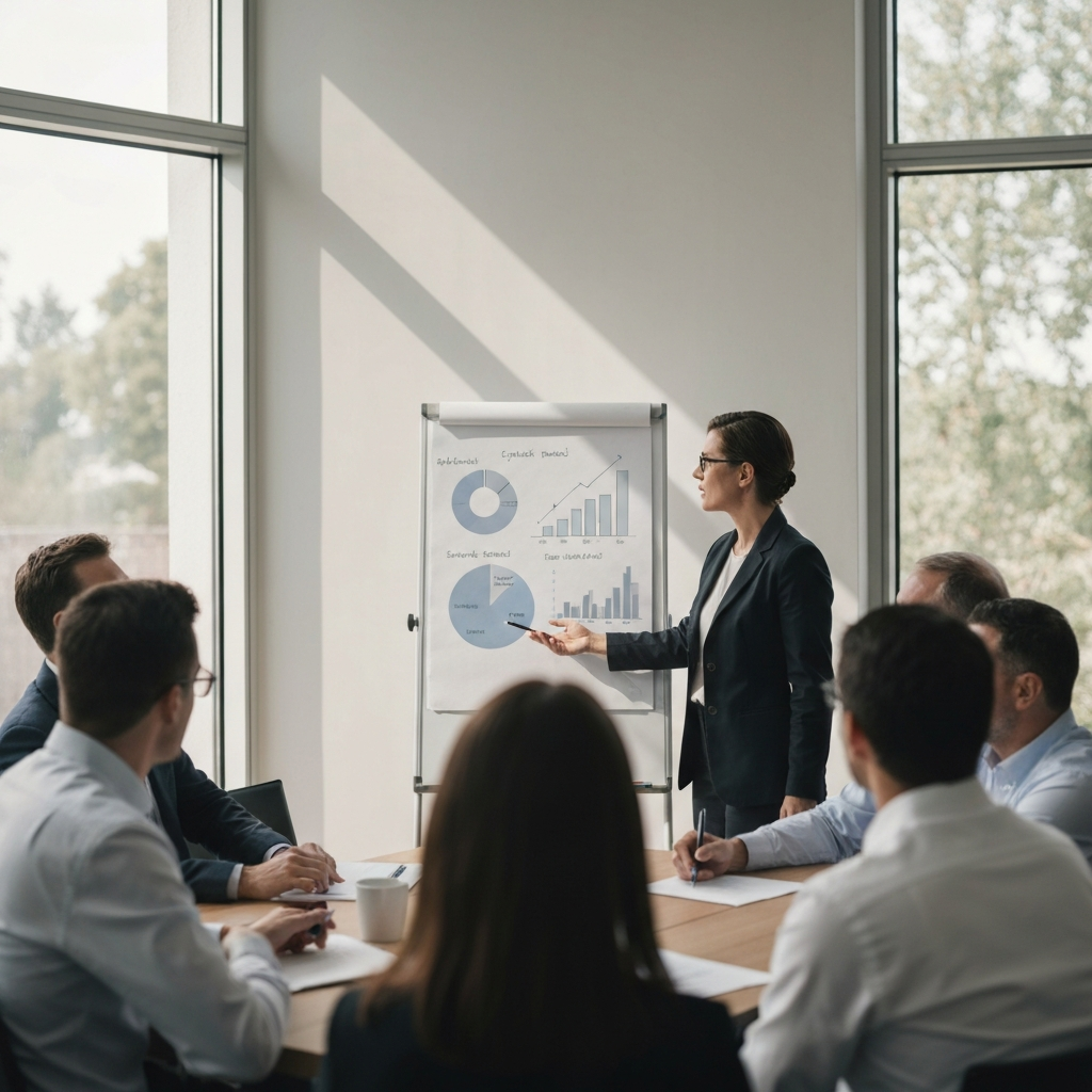 A person wearing glasses is explaining a chart on a whiteboard to a small group of colleagues in a sunlit meeting room. The chart depicts simple, easily understandable trends.