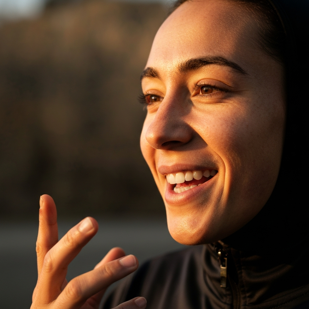 A close-up shot of a person's face as they are animatedly describing something with a genuine smile. The lighting is soft and flattering, highlighting the texture of their skin.
