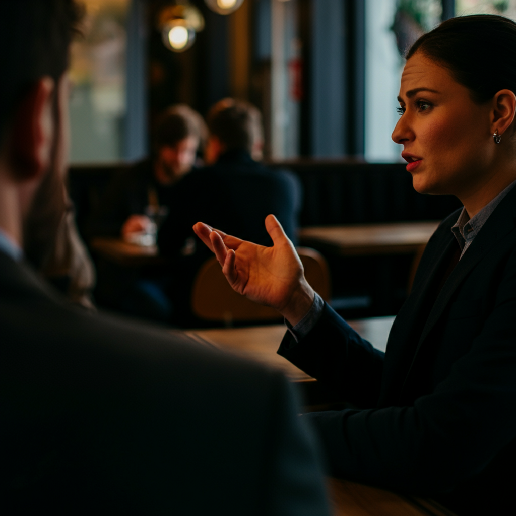 A person gestures dismissively with one hand while talking to another person in a busy cafe. The focus is on their upper body, with the background blurred to emphasize their conversation.