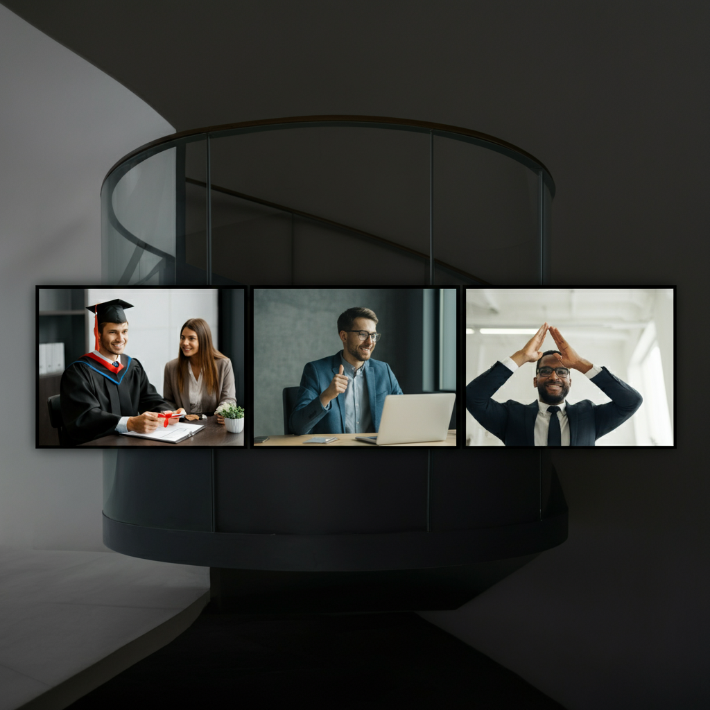 A collage of three small photos: a graduation ceremony, a person working at a desk, and a team celebrating a success. The photos are slightly faded and arranged in a visually appealing manner.