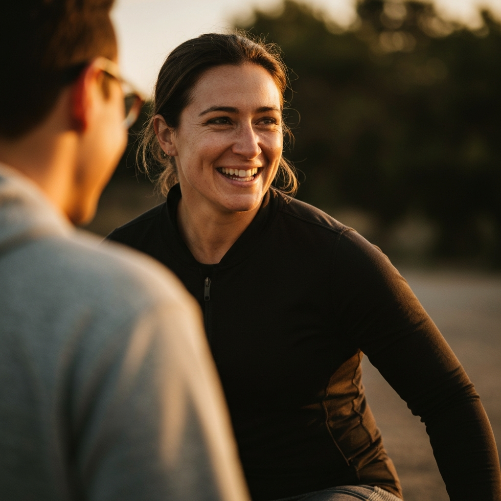 A person is smiling and making eye contact with another person while engaged in active listening. The lighting is warm and inviting, creating a sense of connection.