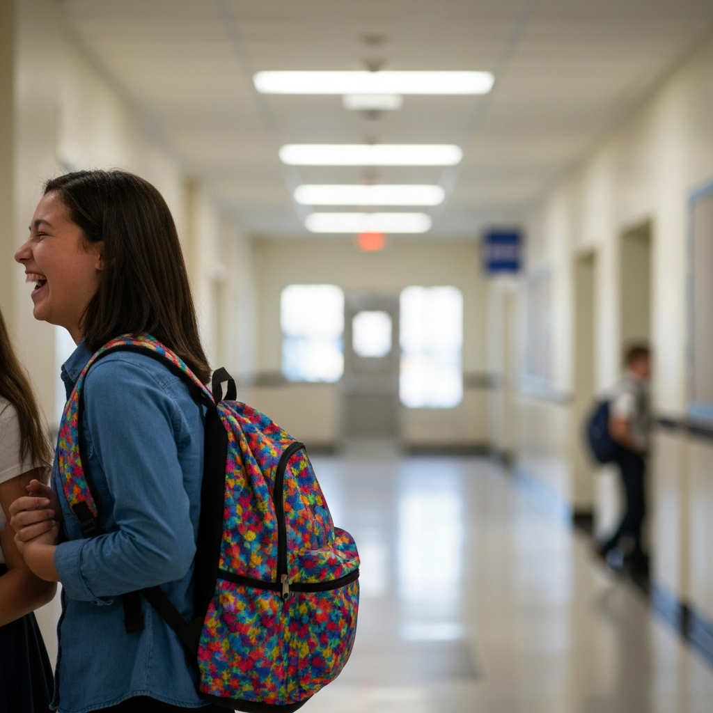 A brightly lit middle school hallway. A student with colorful backpack stands laughing with a friend. Soft bokeh on the background, suggesting a candid, joyful moment.