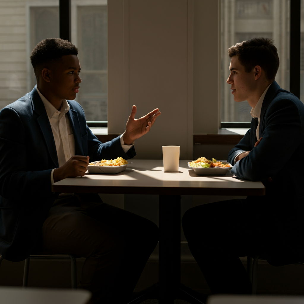 Two students sitting at a lunch table, engaged in conversation. One student is animatedly gesturing while the other listens attentively. The lighting is soft and natural.