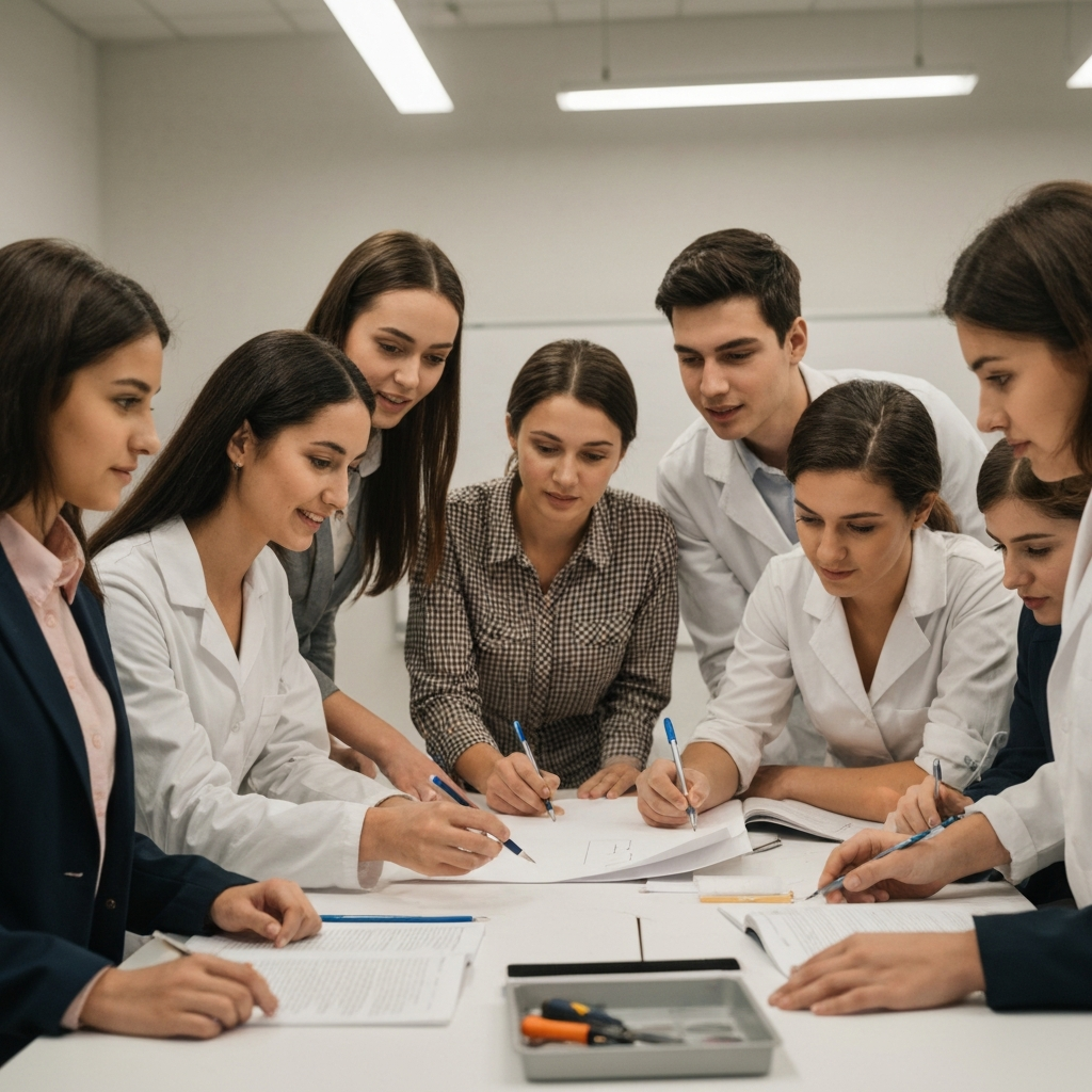 A group of students working together on a science project in a well-lit classroom. The atmosphere is collaborative and positive. Tools and materials are arranged neatly on the table.
