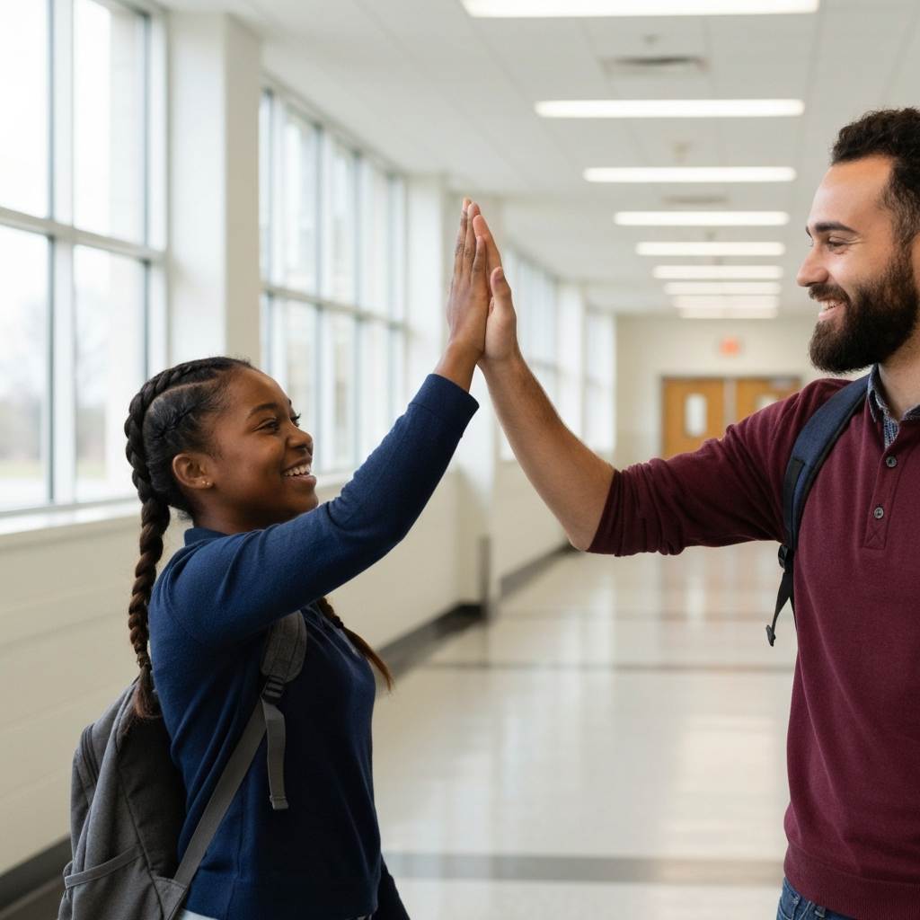 Two friends high-fiving in a school hallway. The focus is on their hands making contact. The lighting is bright and energetic.