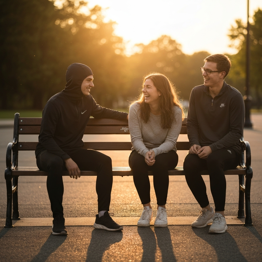 Two students sitting on a park bench, talking and laughing. The sun is setting, casting a warm golden glow. The atmosphere is relaxed and romantic (but still age appropriate and innocent).