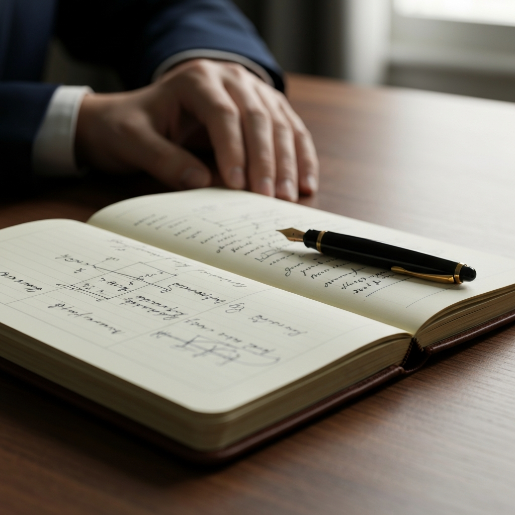 A close-up of a worn leather-bound notebook lying open on a wooden desk. A vintage fountain pen rests beside it, ink glistening in the soft, diffused light from a nearby window. The page is filled with handwritten notes, diagrams, and crossed-out words.