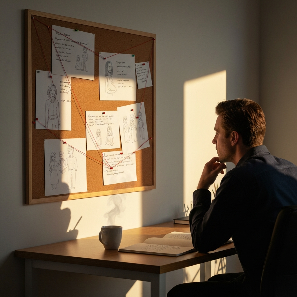 A writer sits at their desk, bathed in warm, golden hour sunlight. They are looking intently at a corkboard covered in character sketches, personality profiles, and handwritten notes connected by red string. A steaming mug of coffee sits nearby.