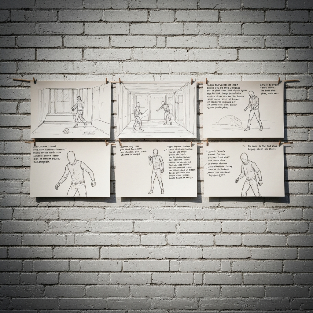 A detailed storyboard hangs on a whitewashed brick wall. Each panel features a rough sketch of a key scene from the story, along with brief notes about the action and dialogue. The lighting is bright and even, highlighting the texture of the brick.