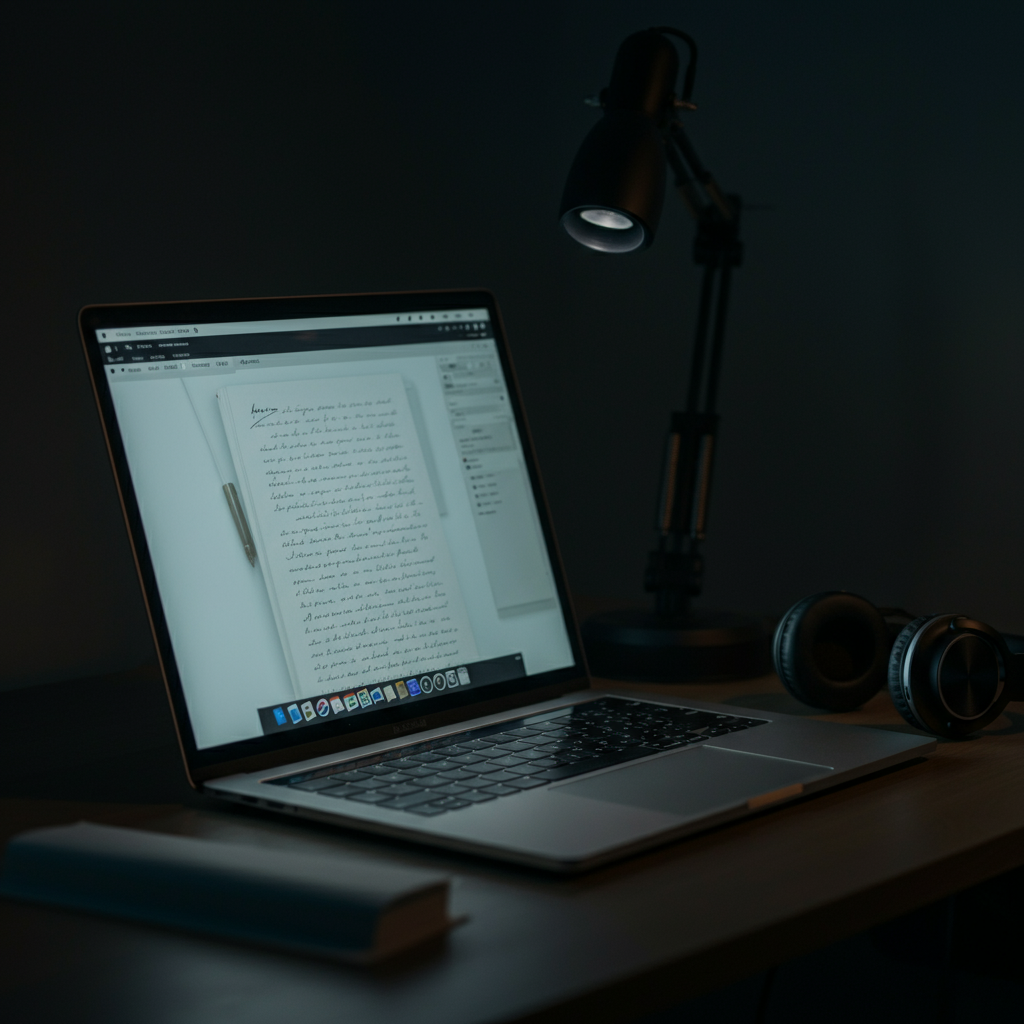 A laptop sits open on a desk, with a half-written manuscript displayed on the screen. The room is dimly lit, with a soft glow emanating from the screen. A pair of headphones rests on the desk.