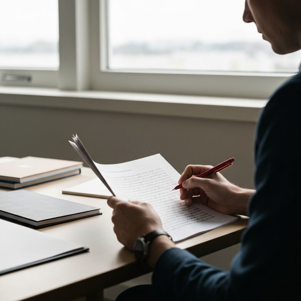 A person sits at a desk, holding a printed manuscript in their hands. They are making notes on the manuscript with a red pen. The lighting is bright and natural, streaming in from a nearby window.