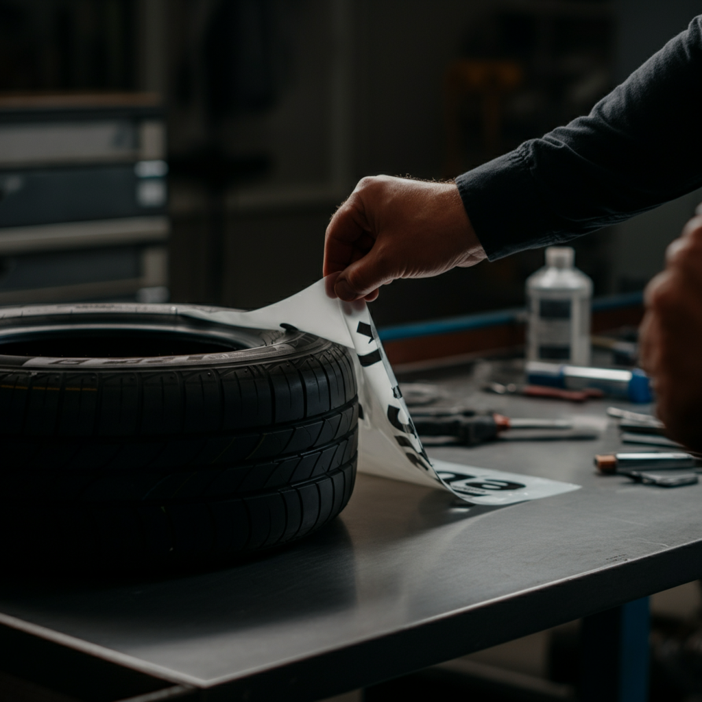 Overhead shot of a hand carefully peeling away the backing of a tire sticker. The sticker is black lettering on a clear adhesive sheet, laid on a clean workbench under bright, even lighting.