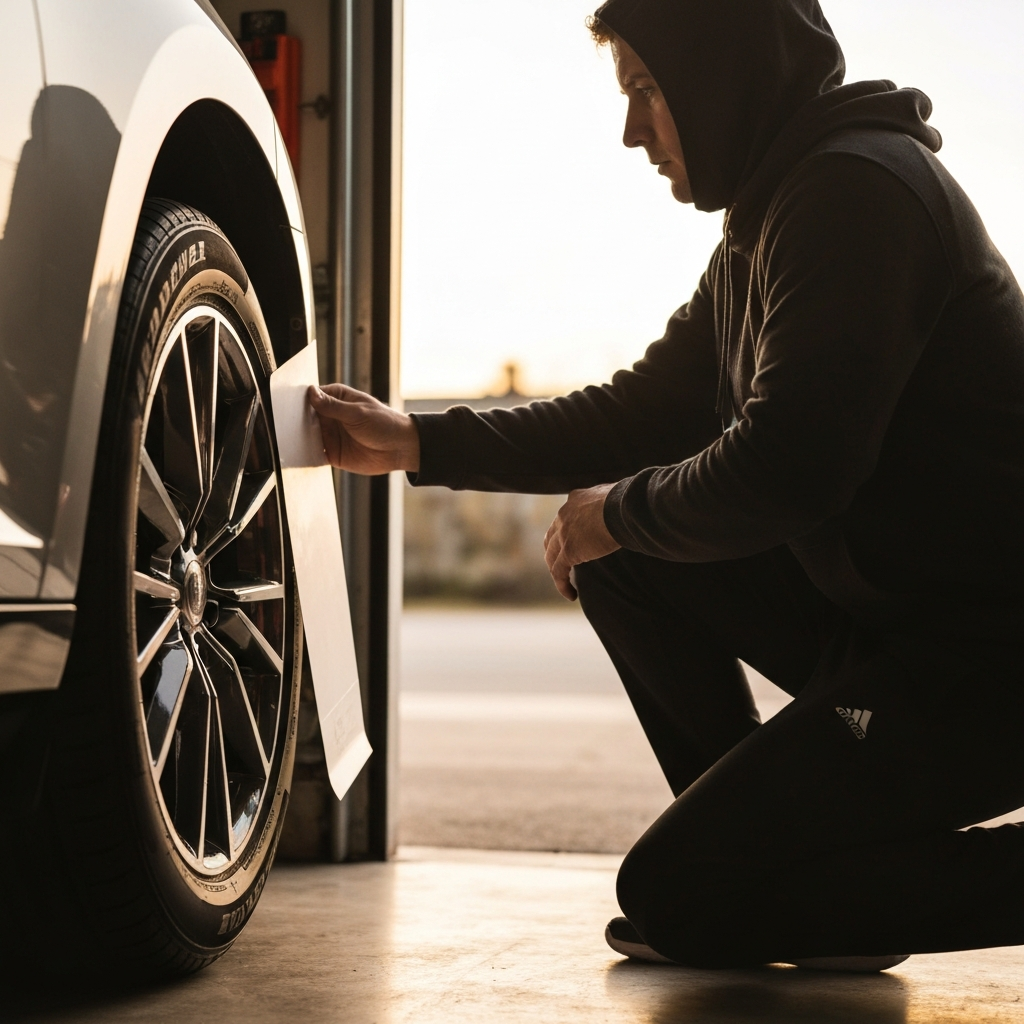 Medium shot of a person kneeling next to a tire, carefully pressing a white tire sticker onto the sidewall. The tire is mounted on a car in a garage with soft, natural light coming from the open door.