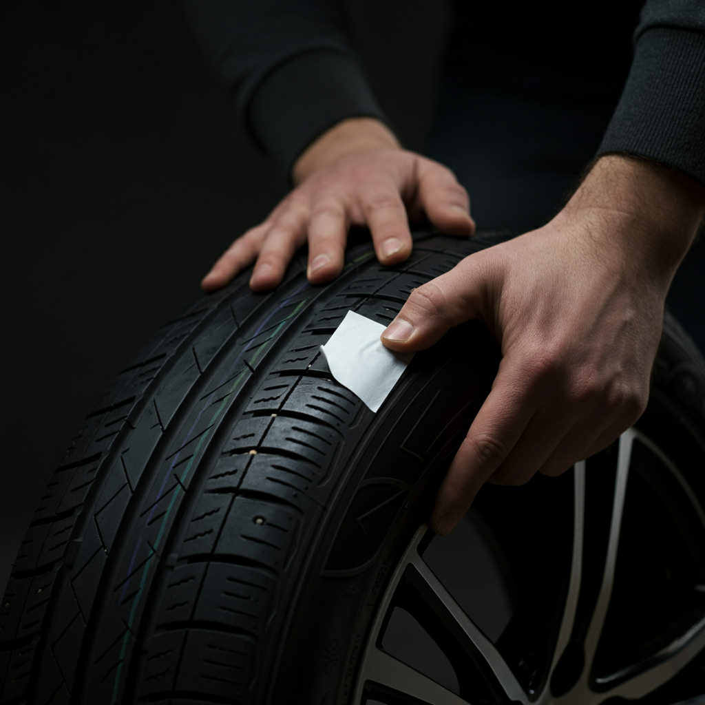 A hand pressing down firmly on the surface of a tire sticker, ensuring complete adhesion to the rubber. The tire is partially visible, with the focus on the hand and the applied sticker.