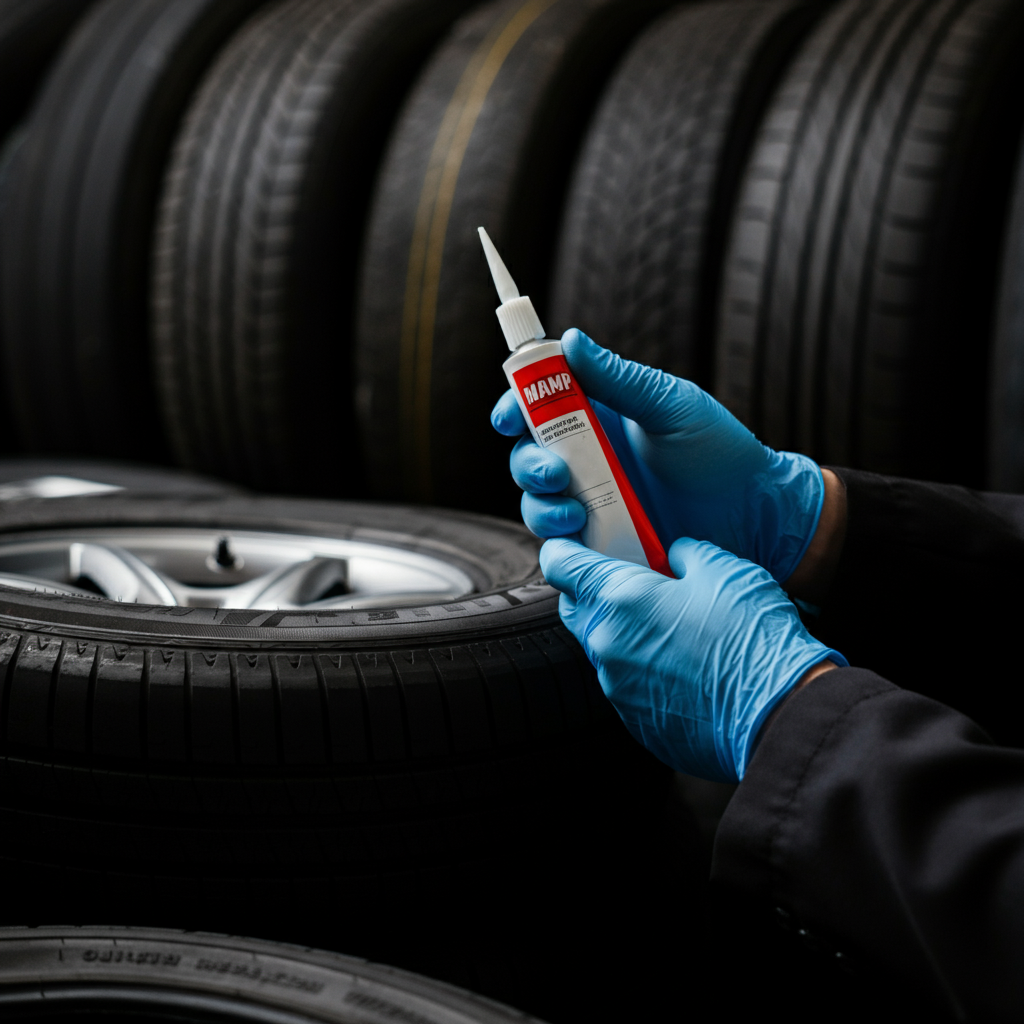 Close-up of hands wearing blue nitrile gloves, holding a tube of adhesive against a backdrop of tire sidewalls. Soft focus on the background, sharp focus on the hands and tube.