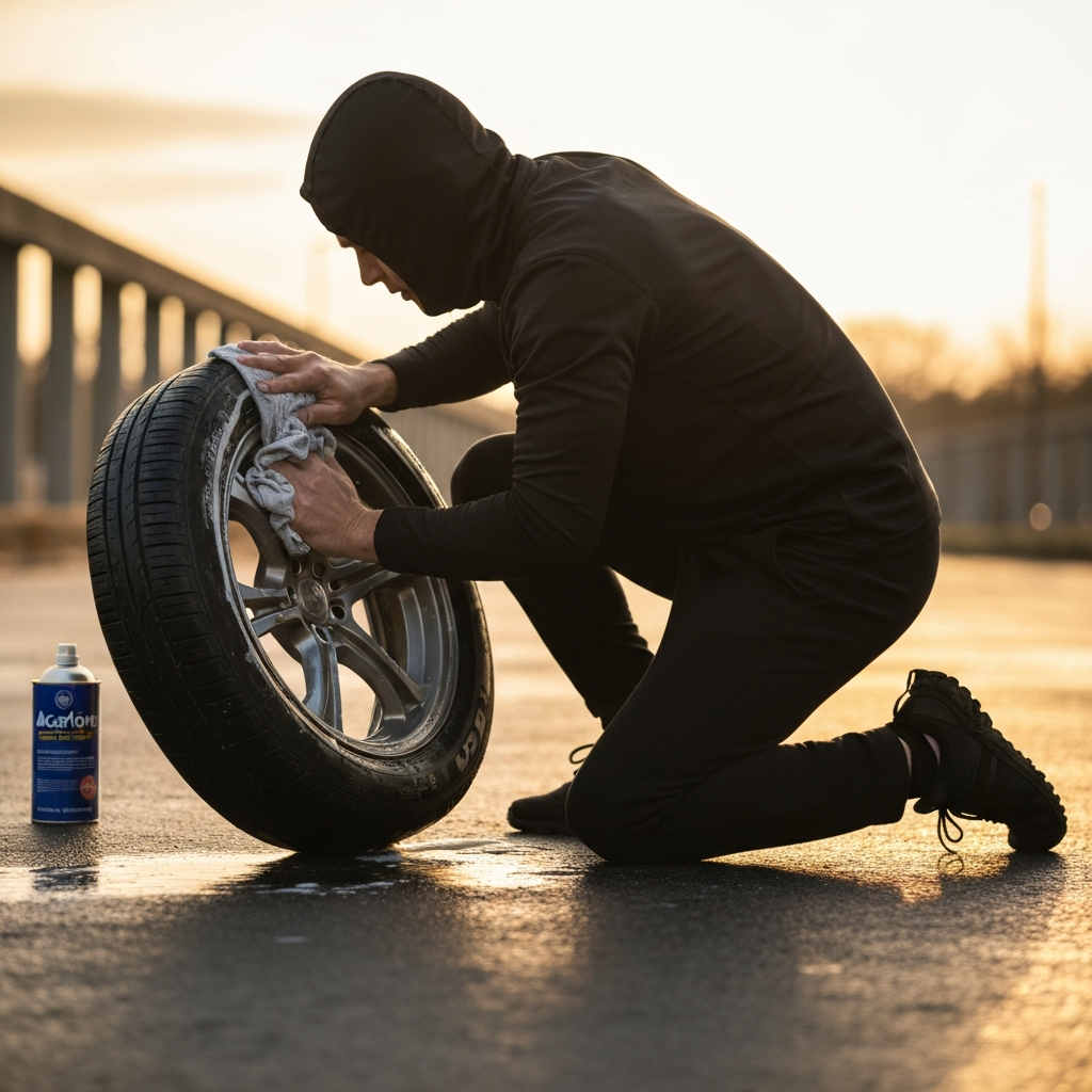 Person kneeling beside a tire, vigorously scrubbing the sidewall with a rag. A can of acetone is visible in the background, slightly out of focus. The scene is brightly lit, emphasizing the cleanliness of the surrounding area.