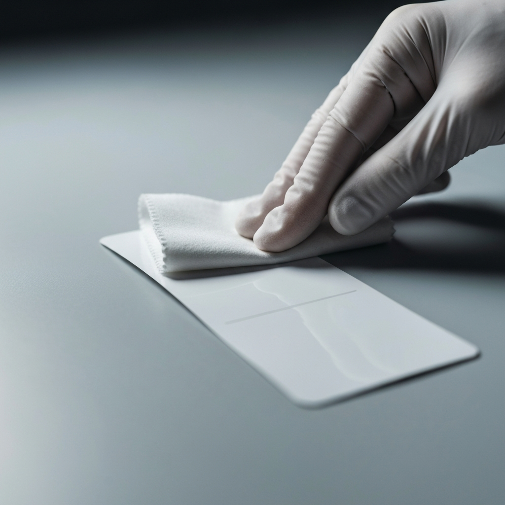 Close-up of a gloved hand gently wiping the back of a white tire sticker with a clean, lint-free cloth. The sticker is lying face-down on a clean surface, with soft lighting highlighting the texture of the decal material.