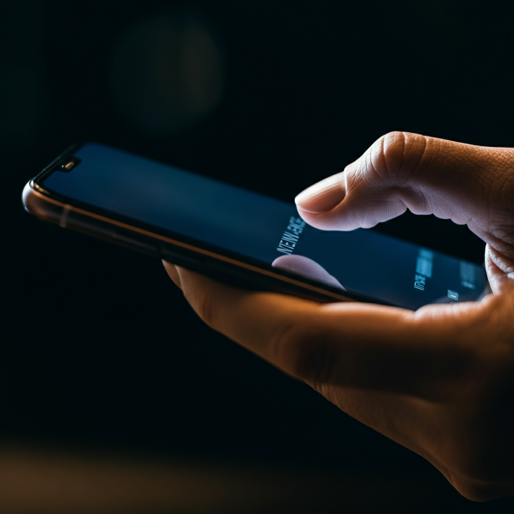 Close-up of a hand pressing the power button on a smartphone, side-lit to highlight the button's texture. Soft bokeh in the background.
