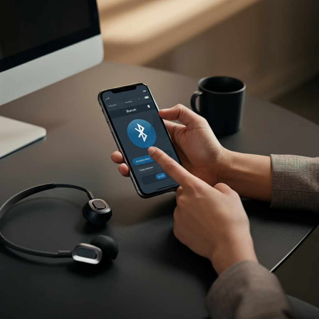 A person in a professional office setting using a smartphone, Bluetooth settings visible on the screen, with a Bluetooth headset resting on their desk. Natural light from a nearby window.