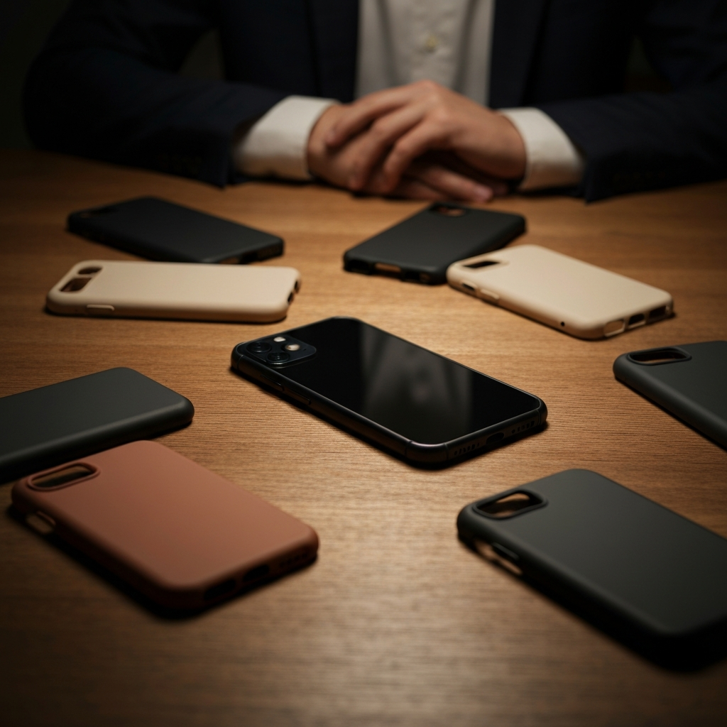 A smartphone resting on a wooden table, with a variety of phone cases scattered around it. Warm, inviting light, emphasizing the textures of the wood and cases.