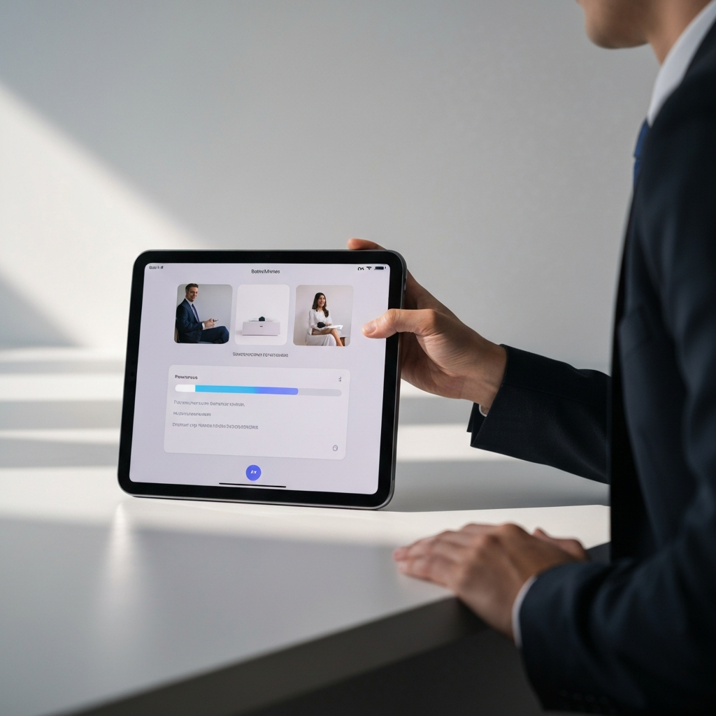 A tablet displaying the software update screen, showing the progress bar during an update installation. Clean, minimalist background with soft, ambient lighting.