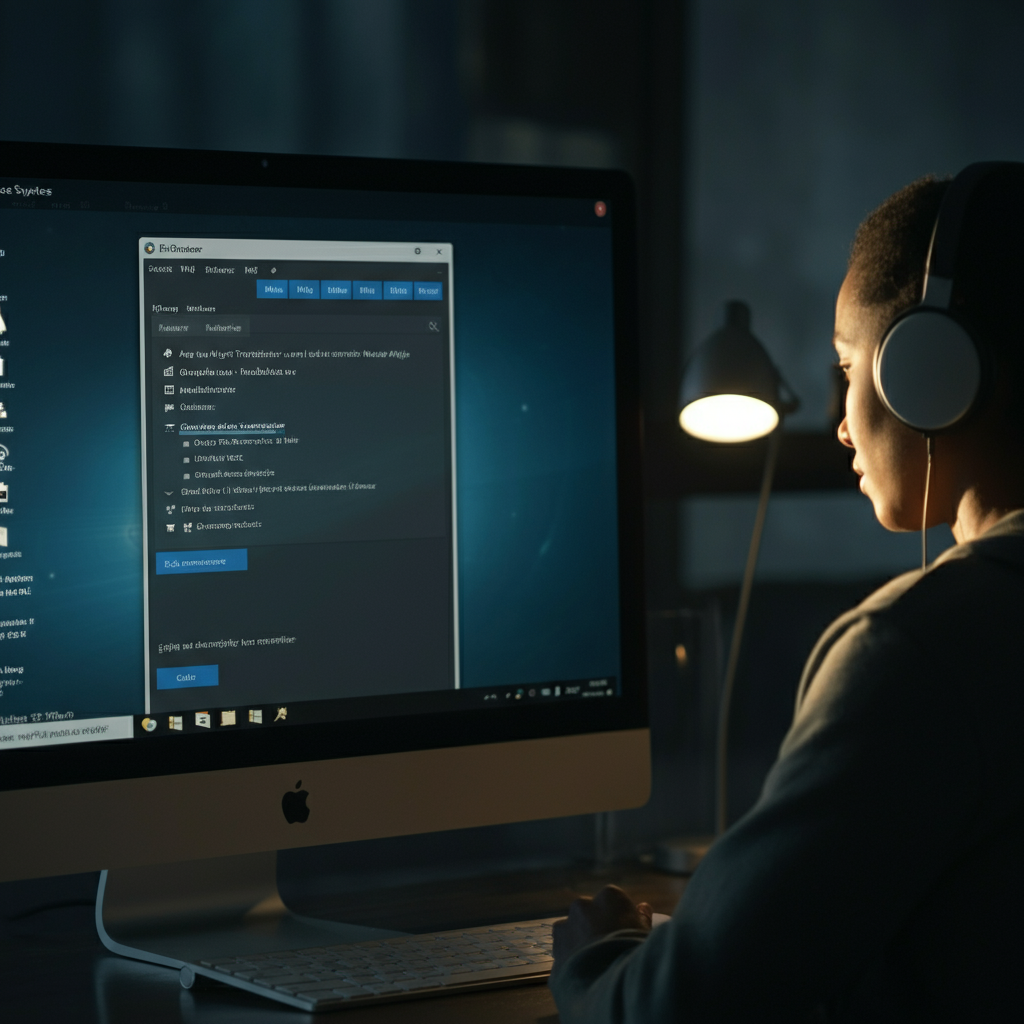 A computer screen displaying the Windows audio troubleshooter interface. The system tray is visible in the corner, with the speaker icon highlighted. Soft, indirect lighting.