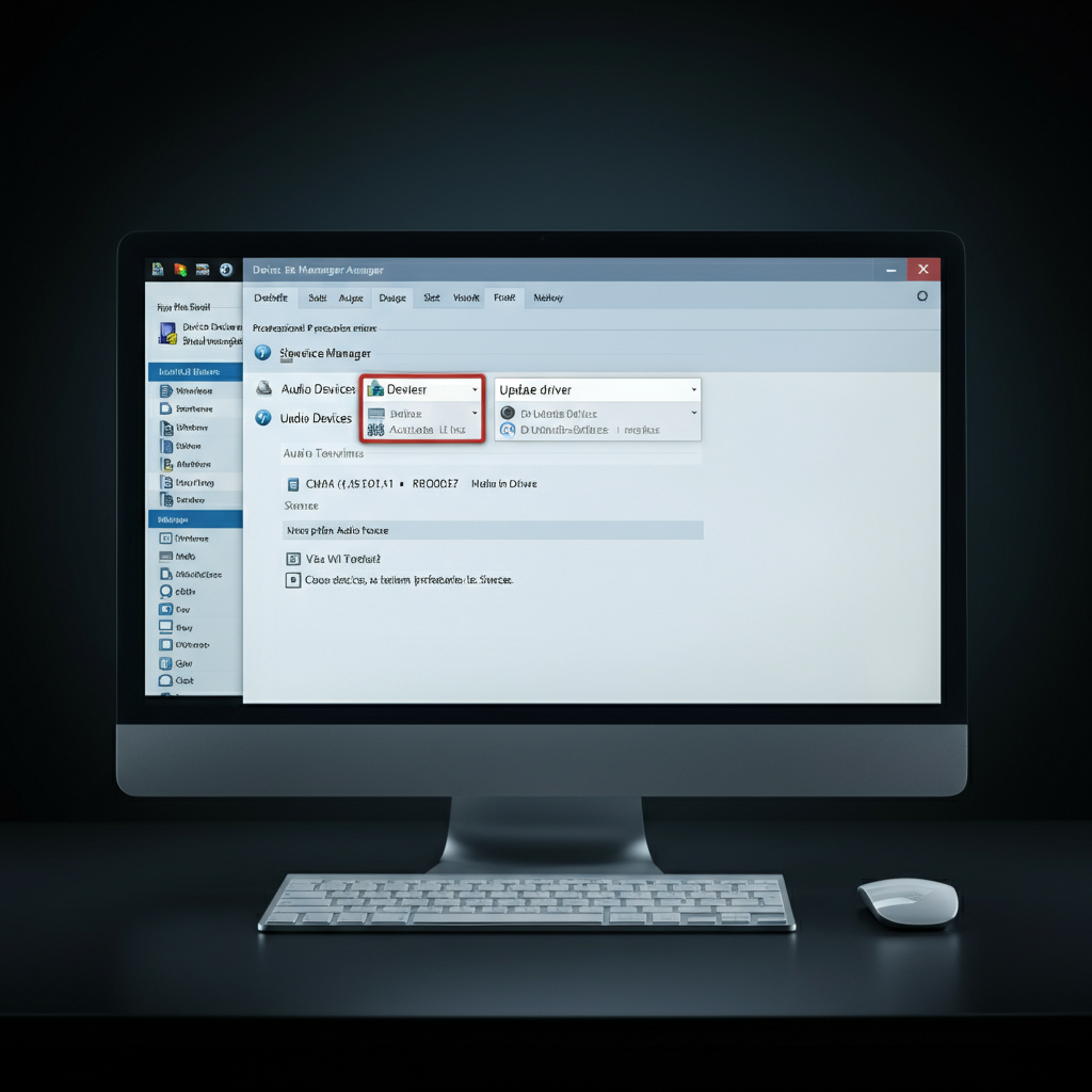 A computer screen displaying the Device Manager window, with the audio devices section expanded. The "Update driver" option is highlighted in the context menu. Professional office environment.