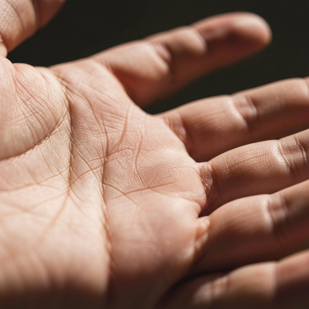 A close-up shot of a person's palm, softly lit with natural light. The fingers are slightly curved, and the camera focuses on the lines beneath the ring finger. The palm has a smooth, slightly textured surface, highlighting the details of the skin and the faint lines. Shallow depth of field.