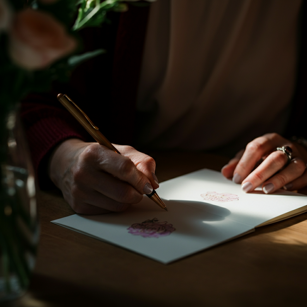 A close-up of a mother's hands carefully writing in a birthday card, with soft natural light illuminating the paper and pen. The background is slightly blurred, showing a vase of fresh flowers.
