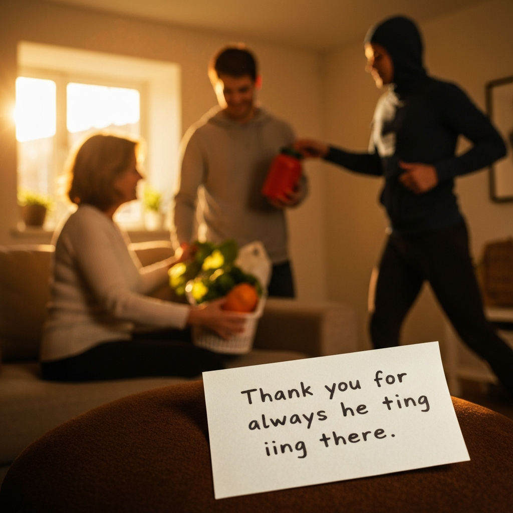 A softly focused background of a living room with a son helping his mother with groceries. The foreground is a detailed shot of a small, handwritten note that reads, "Thank you for always being there." Golden hour lighting creates a warm, supportive atmosphere.