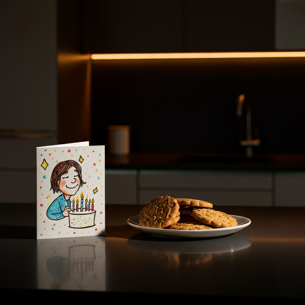 A medium shot of a brightly lit kitchen. On the counter, a birthday card leans against a plate of cookies. The card has a cartoon drawing on it. The scene feels cheerful and inviting.