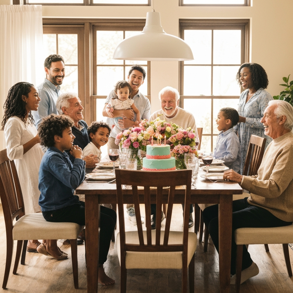 A wide shot of a family gathered around a dining table. Some are children, some are adults. The setting is warm and intimate, celebrating a birthday.