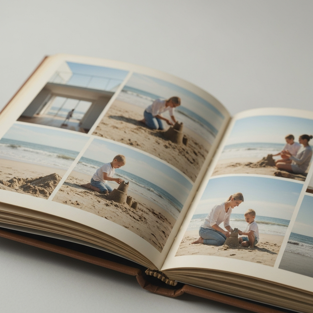 A close-up shot of a worn photograph album, open to a page filled with pictures of a mother and son building a sandcastle on a beach. The colors are slightly faded, giving a vintage feel.