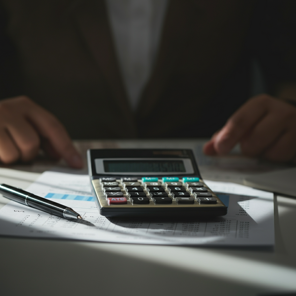 Close-up shot of a calculator on a desk, softly lit with natural light. A pen rests beside it, and a partially visible notebook with accounting formulas is in the background. Soft bokeh highlights the calculator keys.