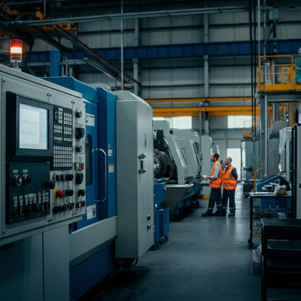 A brightly lit factory floor with various machines. Workers wearing safety vests are overseeing the machinery. Focus on a control panel with dials and displays showing machine operation data. Side-lit textures enhance the details of the equipment.