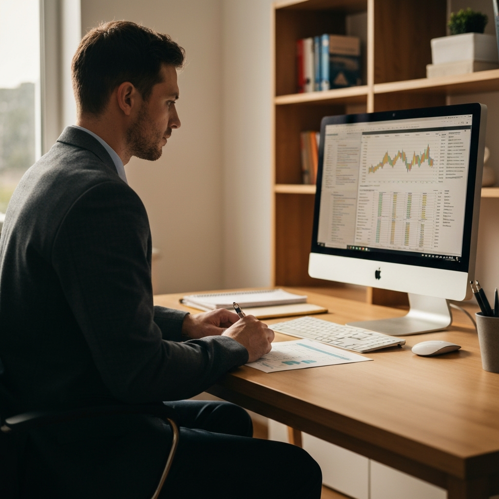 A financial controller reviewing spreadsheets and reports at a desk. The room is well-lit, and there's a computer monitor displaying financial data. The controller is wearing professional attire and has a focused expression.