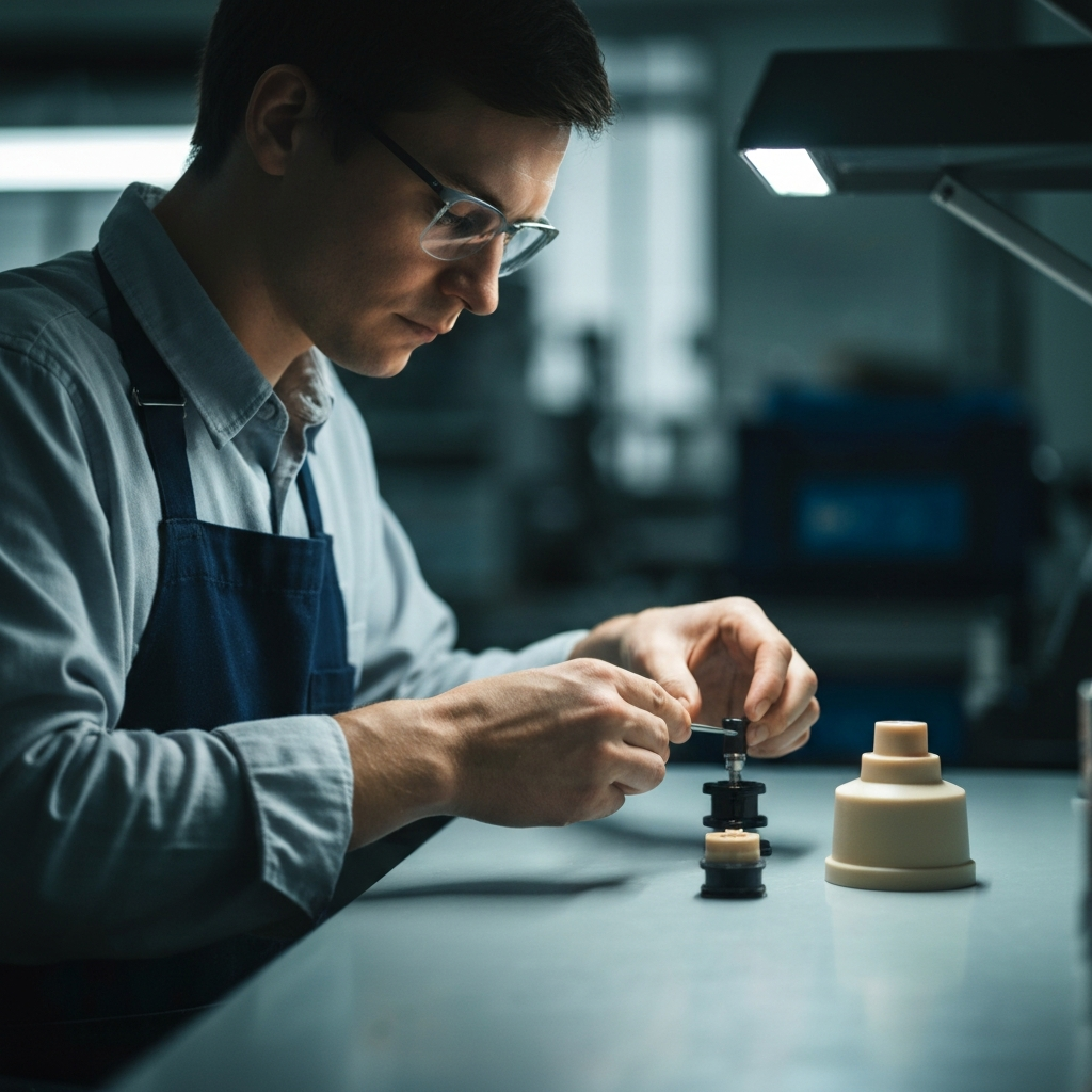 A production line worker assembling a product. Soft, diffused lighting highlights the worker's hands and the assembly process. A completed product sits nearby.