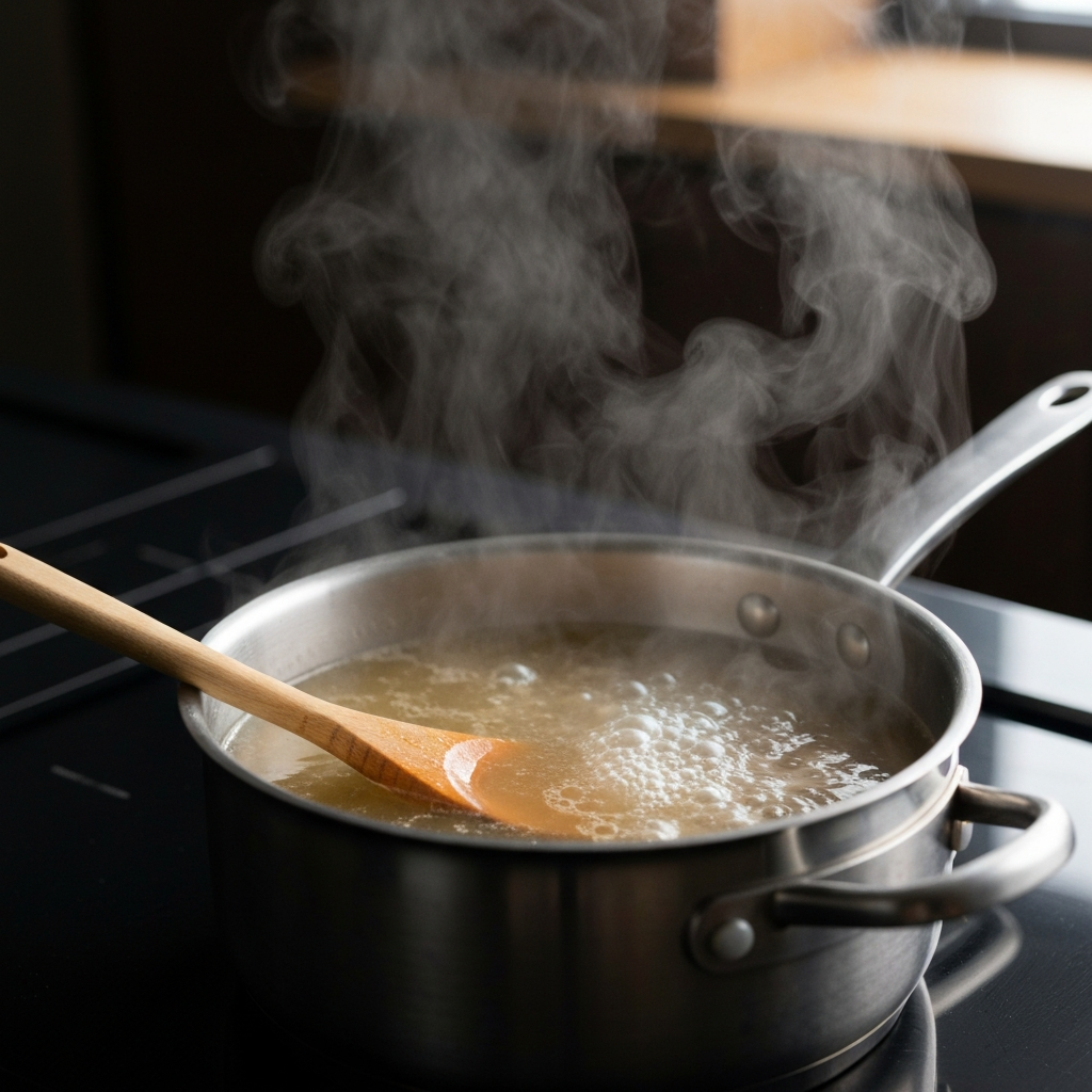 Close-up shot of broth simmering in a stainless steel saucepan, steam rising, with a wooden spoon resting on the side. Soft, diffused lighting to highlight the texture of the broth. Shallow depth of field to blur the background.