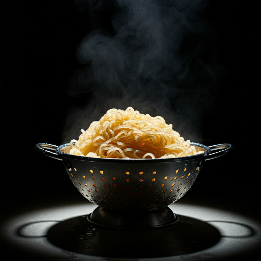 A colander filled with freshly cooked ramen noodles, with water droplets clinging to them. Backlit to show the translucent quality of the noodles. Focus on the texture and shape of the noodles.