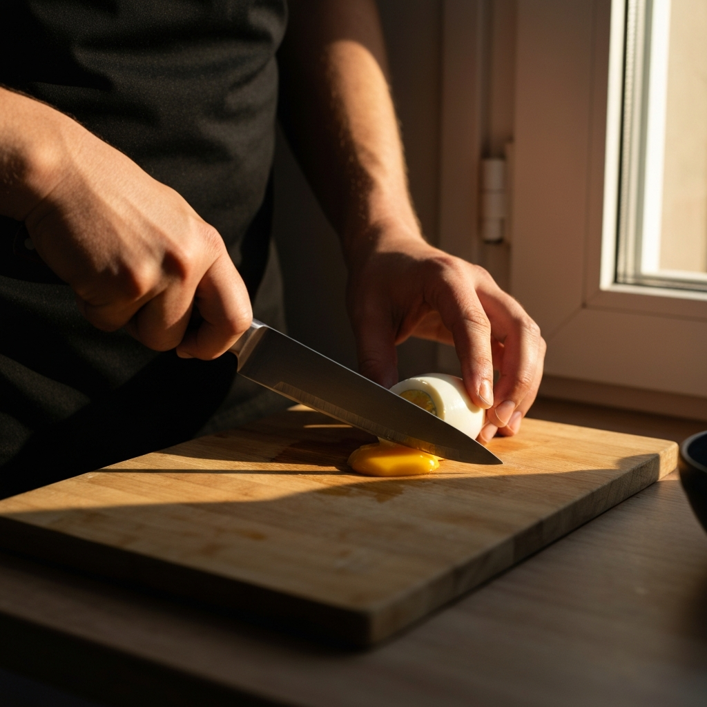 A chef's hands carefully slicing a perfectly soft-boiled egg with a sharp knife on a wooden cutting board. Natural light streaming in from a nearby window, highlighting the creamy yolk and the smooth texture of the egg white.