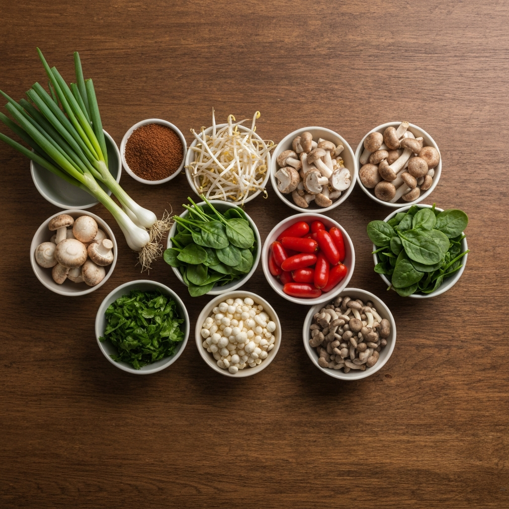 An overhead shot of a variety of colorful vegetables arranged in small bowls on a wooden table. Soft, natural lighting to enhance the vibrant colors of the vegetables. The vegetables include green onions, bean sprouts, mushrooms, and spinach.