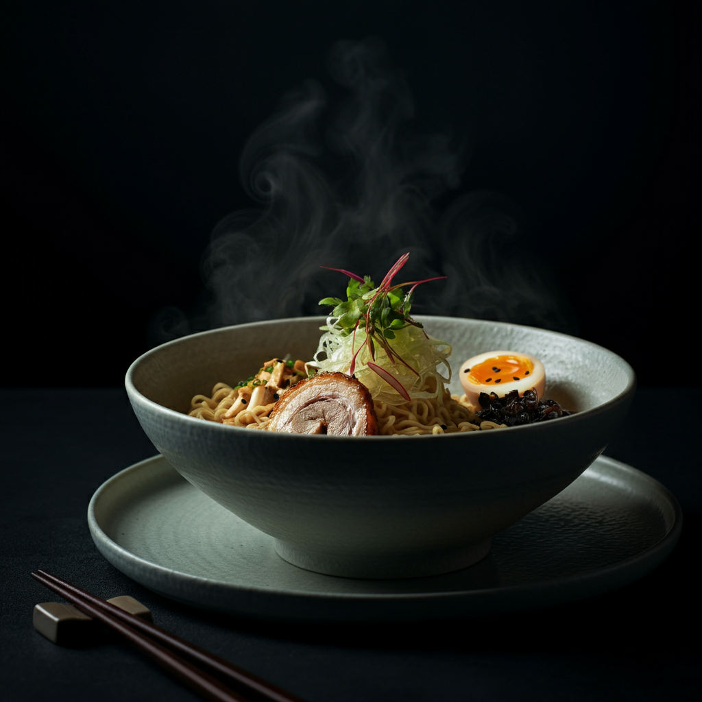 A completed bowl of elevated ramen, beautifully arranged with various toppings. Soft, warm lighting highlighting the steam rising from the broth. Focus on the textures and colors of the ingredients.